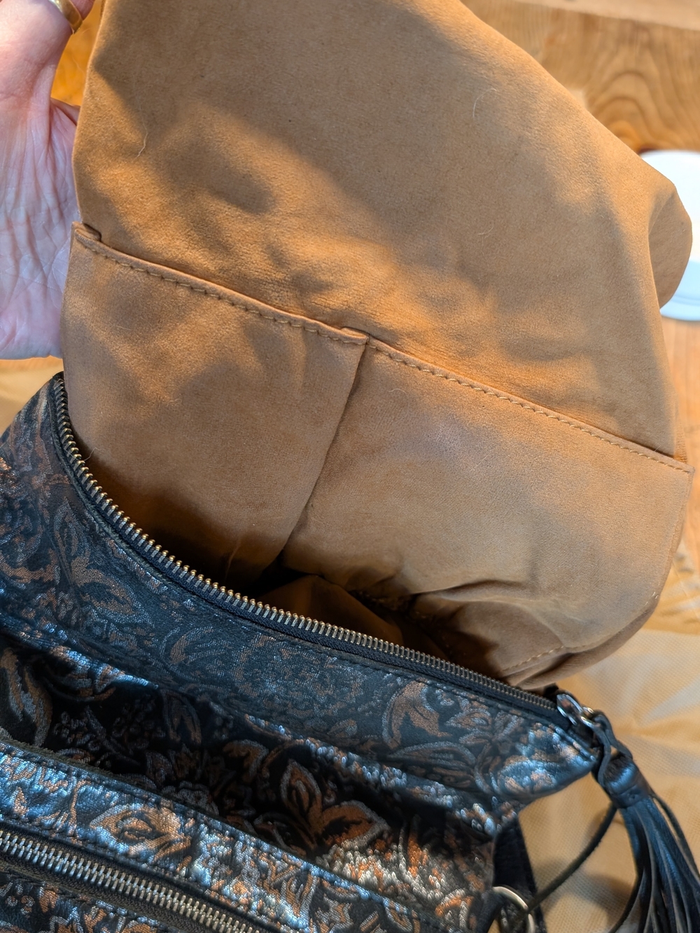 Patricia Nash Black and Bronze Floral Convertible Leather Backpack - Picture 6 of 7
